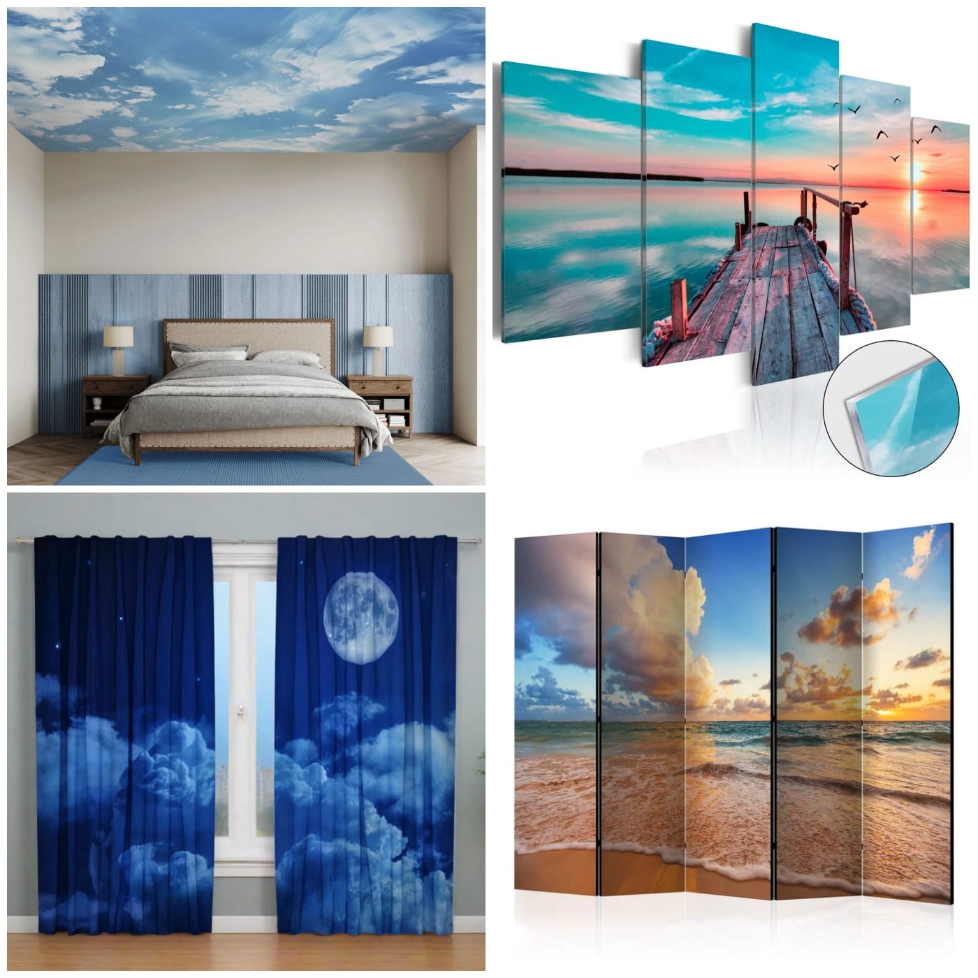 Wall Murals, curtains, paintings, Room divider with a picture of the