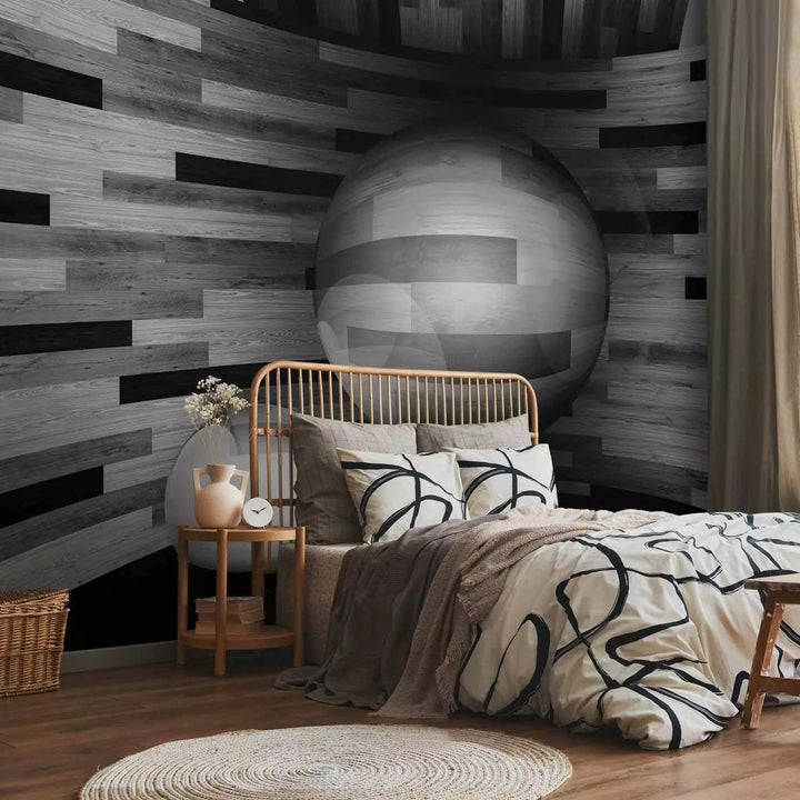 3D fototapetes ar perspektīvu - Pelēka koka sfēra, 97060 Tapetenshop.lv