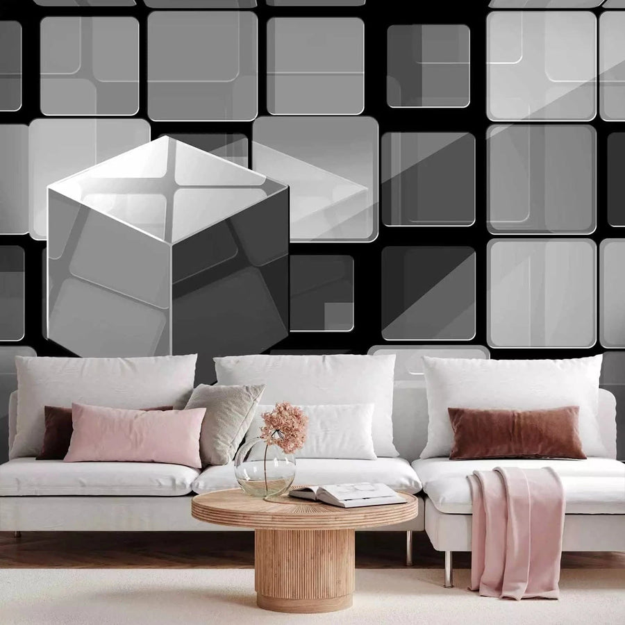 3D fototapetes ar perspektīvu - Rubika kubs pelēkā krāsā, 96734 Tapetenshop.lv