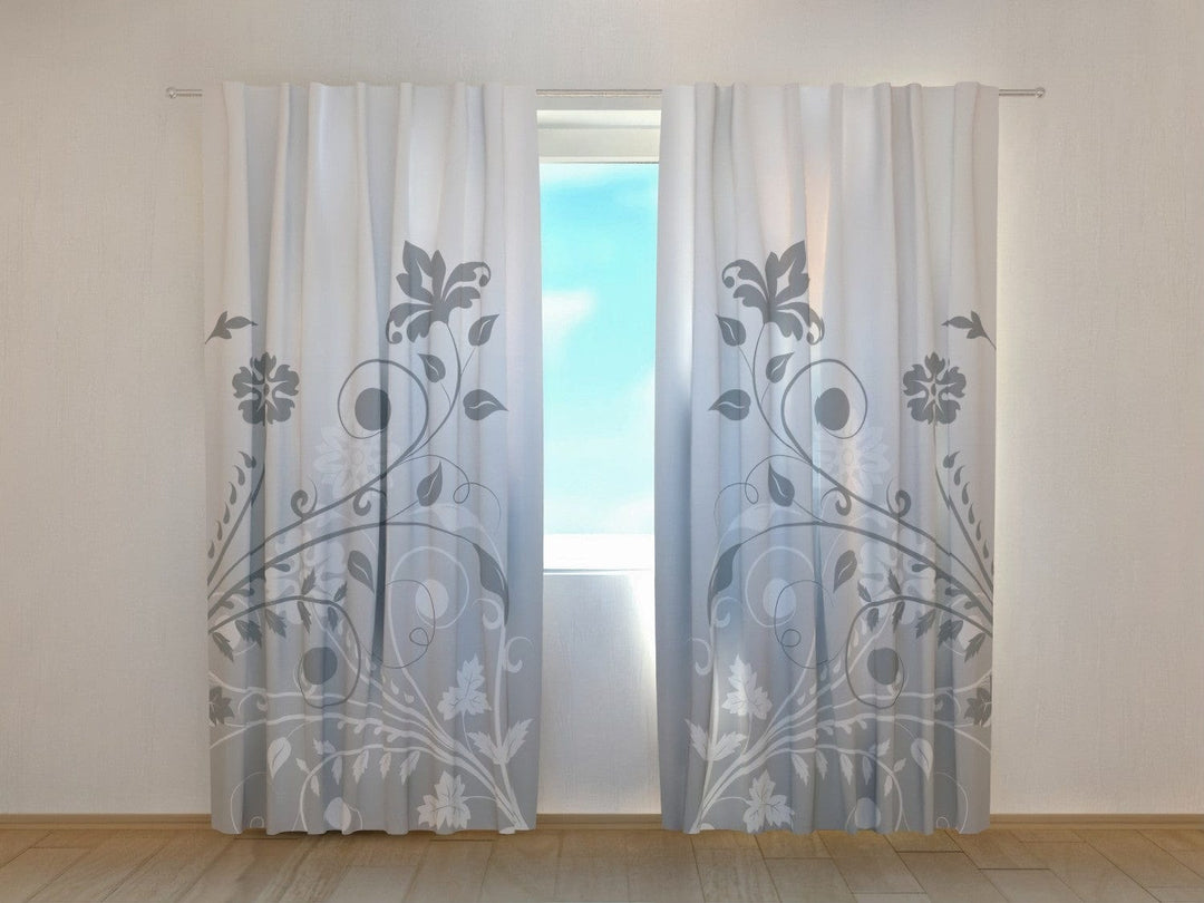 Eleganti aizkari viesistabai - Pelēkā ziedu kompozīcija - nopirkt Tapetenshop.lv