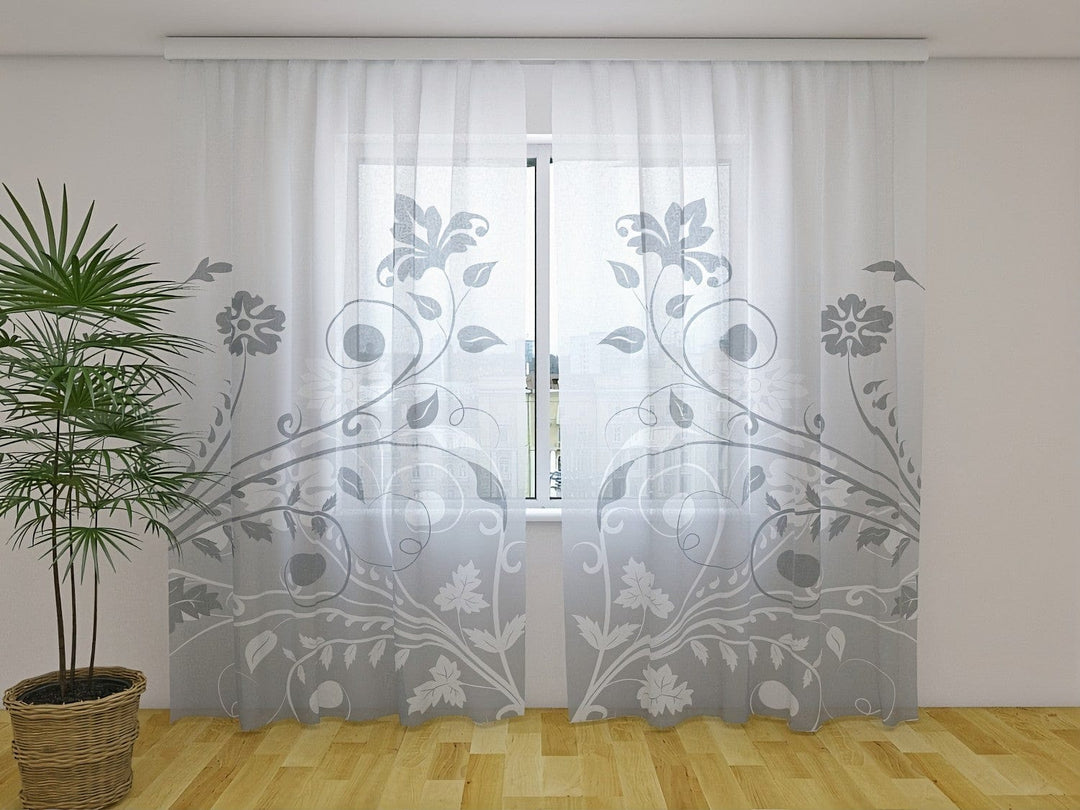 Eleganti aizkari viesistabai - Pelēkā ziedu kompozīcija - nopirkt Tapetenshop.lv