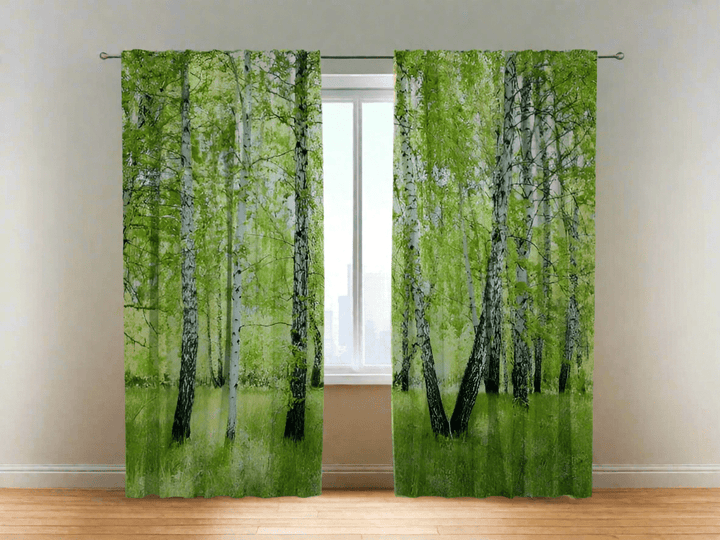 Dienas un nakts guļmistabai un viesistabai aizkari ar bērziem - Mežs Tapetenshop.lv