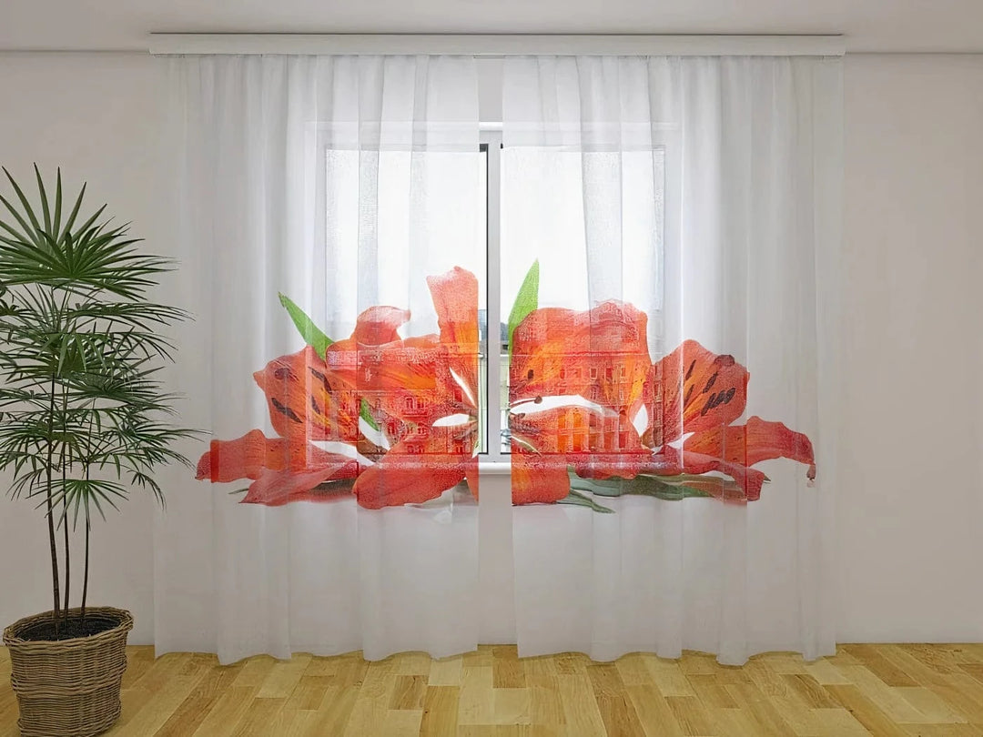 Aizkari guļamistabai - ar ziediem - Ugunīgas lilijas Tapetenshop.lv