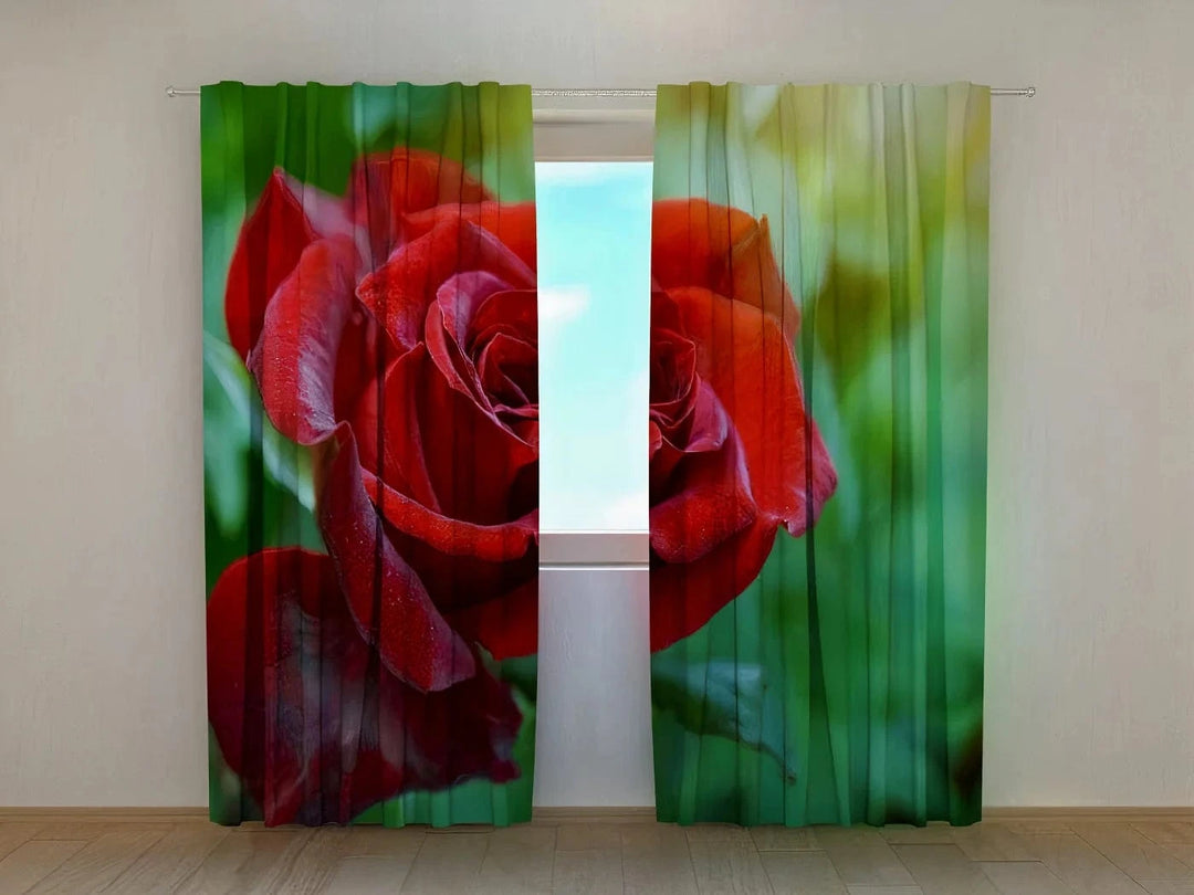 Aizkari ar rozēm - sarkana roze uz zaļa fona - Pirmā roze Tapetenshop.lv