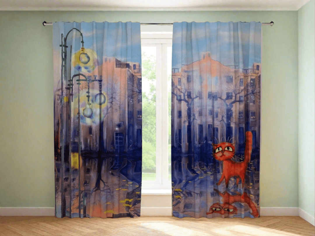 Dienas un nakts aizkari - bērnu istabai ar zīmētu kaķi uz ielas Tapetenshop.lv