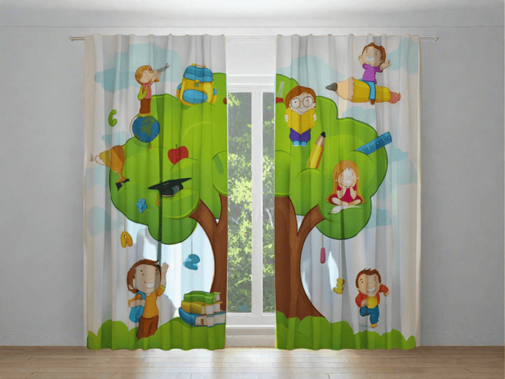 Bērnu aizkari ar jautru skolas motīvu - aizkari kas stimulē mācīties Tapetenshop.lv