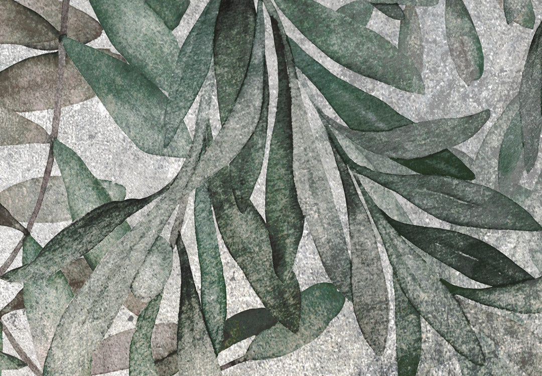 Dekoratīvais aizslietnis ar zaļam lapām uz betona faktūras, 225x172 cm ART