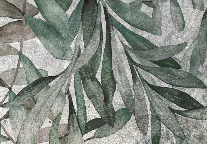 Dekoratīvais aizslietnis ar zaļam lapām uz betona faktūras, 225x172 cm ART