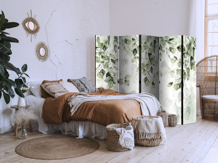 Aizslietnis - Zaļas lapas uz balta fona, akvareļu tehnikā, 225x172 cm ART