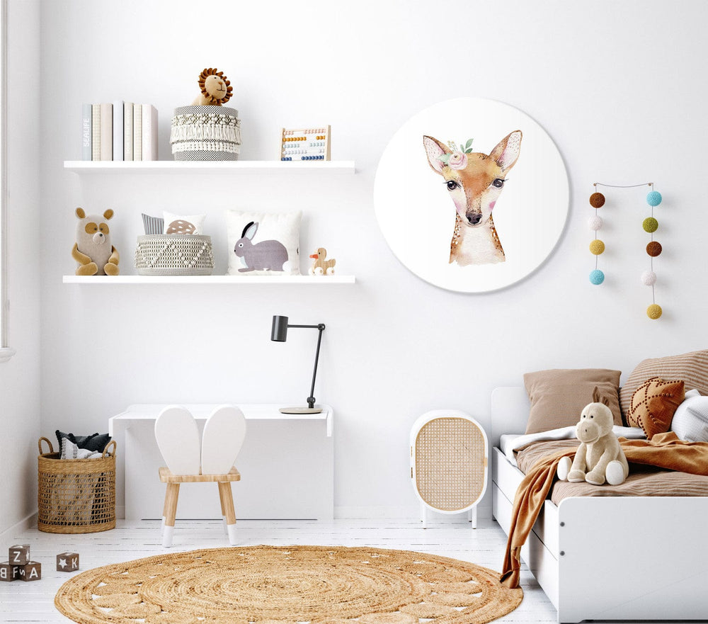 Apaļa glezna bērnistabai - Smaidošs briedis ar mazu pušķi, 148668 G-ART