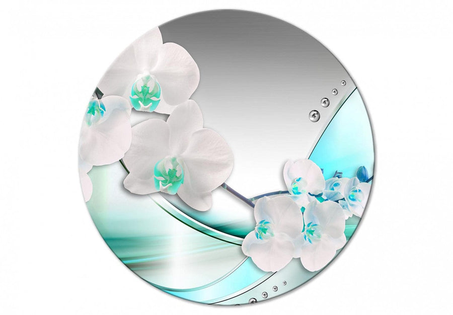 Apaļa glezna - baltas orhidejas ar zaļu un tirkīza akcentu, 148760 G-ART