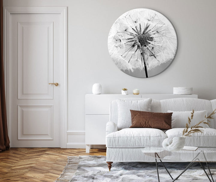 Apaļa glezna - Melnbalts tuvplāns ar pieneni vējā - 148606 G-ART