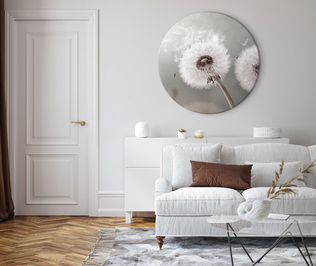 Apaļa glezna (Deluxe) - Pienenes uz silti pelēka fona - 148609 G-ART