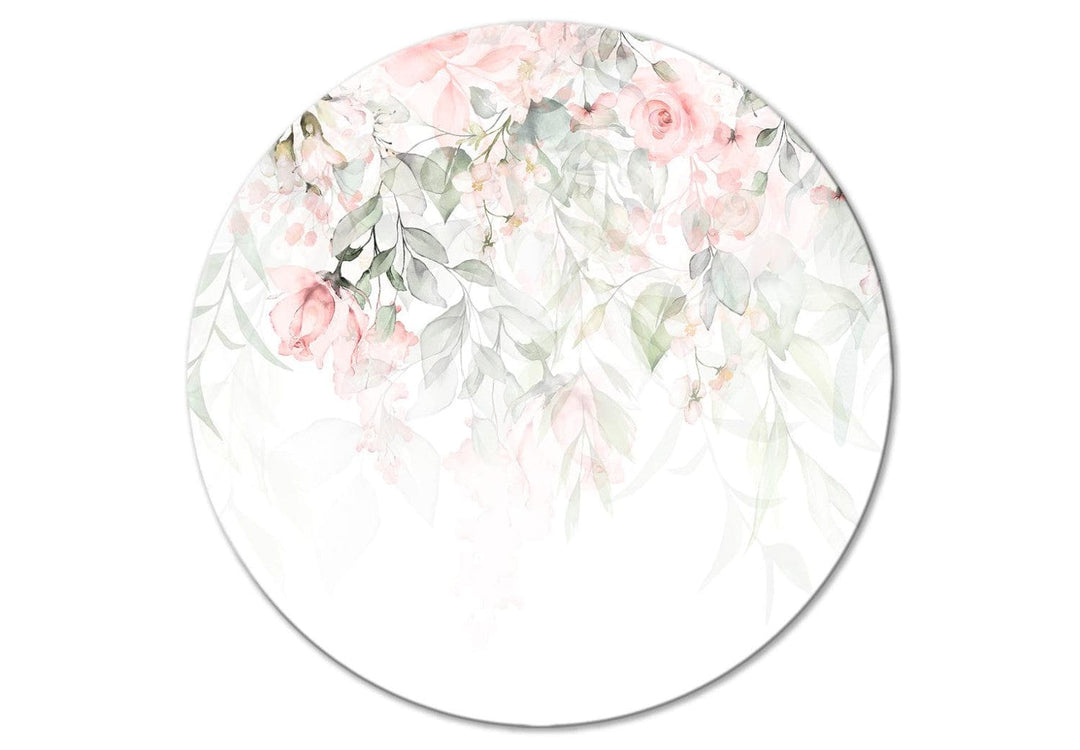 Apaļa glezna - Rozā rozes un zaļas lapas uz balta fona, 148686 G-ART