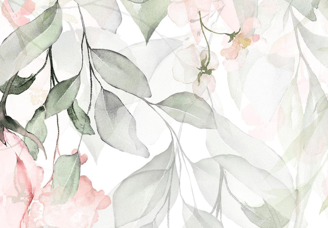 Apaļa glezna - Rozā rozes un zaļas lapas uz balta fona, 148686 G-ART