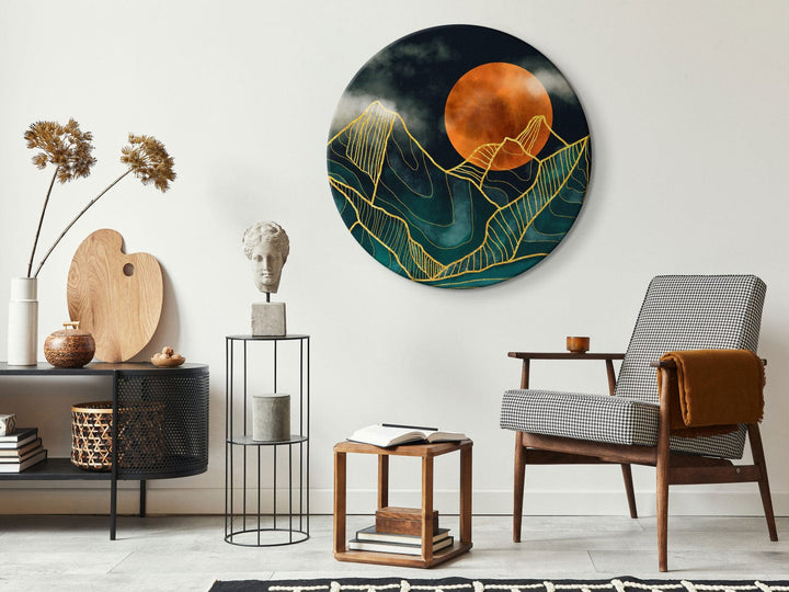 Apaļa glezna - Abstraktais saullēkts virs zelta virsotnēm, 148714 G-ART