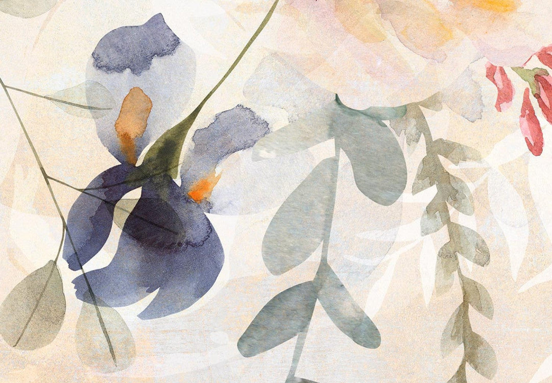 Apaļa glezna - Ziedi un lapas uz gaiši bēša fona, 148676 G-ART