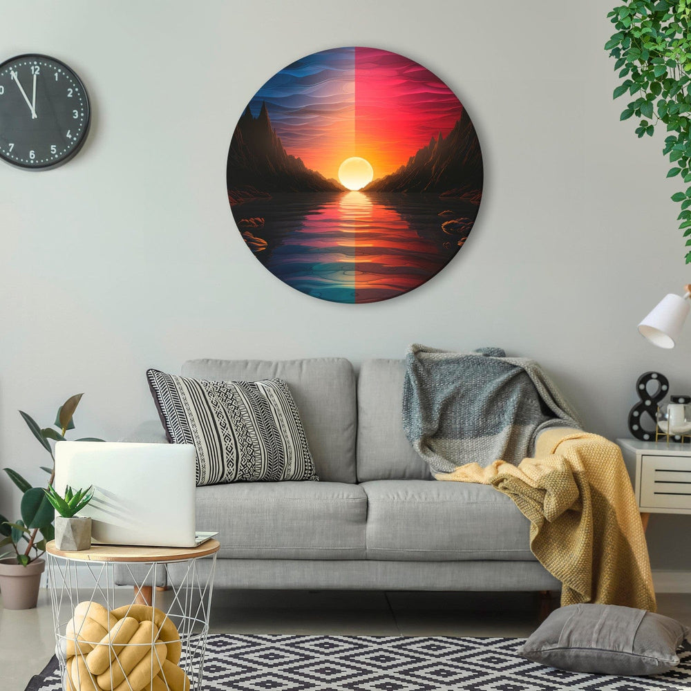 Apaļa glezna - Oranžā saule aiz kalnu upes - 151585 G-ART