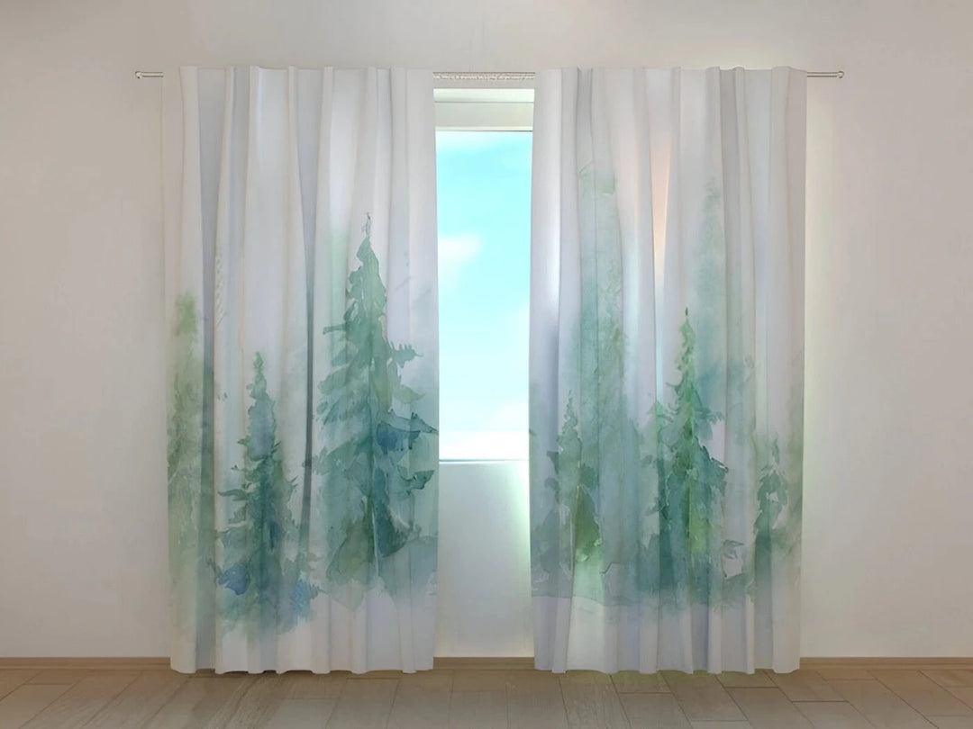 Dienas un nakts aizkari ar dabu zaļā krāsā - Miglainā meža ainava Tapetenshop.lv