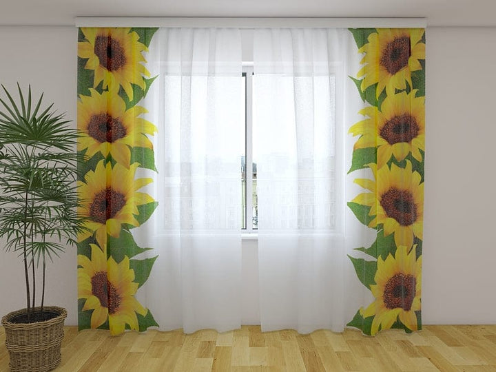 Aizkari ar ziediem viesistabai - Rīta saulespuķes uz balta fona Tapetenshop.lv