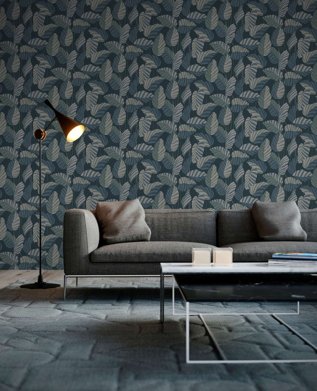 Akcenta džungļu stila tapetes ar lapām zilos toņos, 1373440 AS Creation