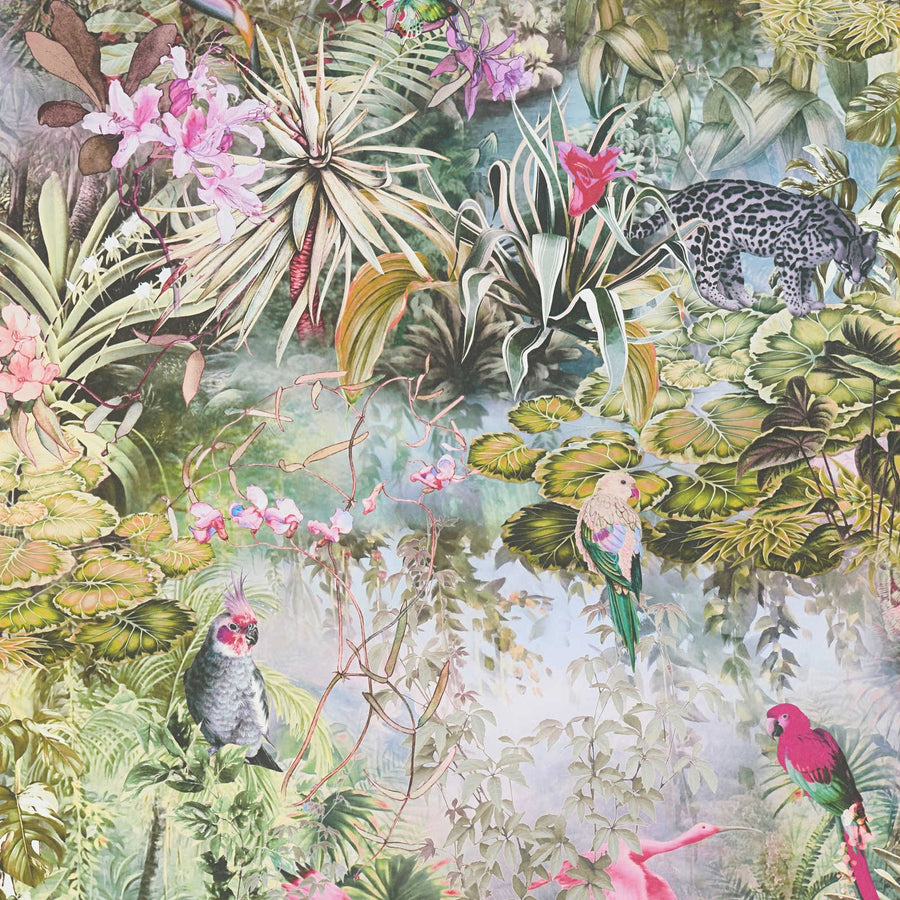 Džungļu tapetes ar papagaiļiem un leopardiem - zaļā, pelēkā - 1351541 AS Creation