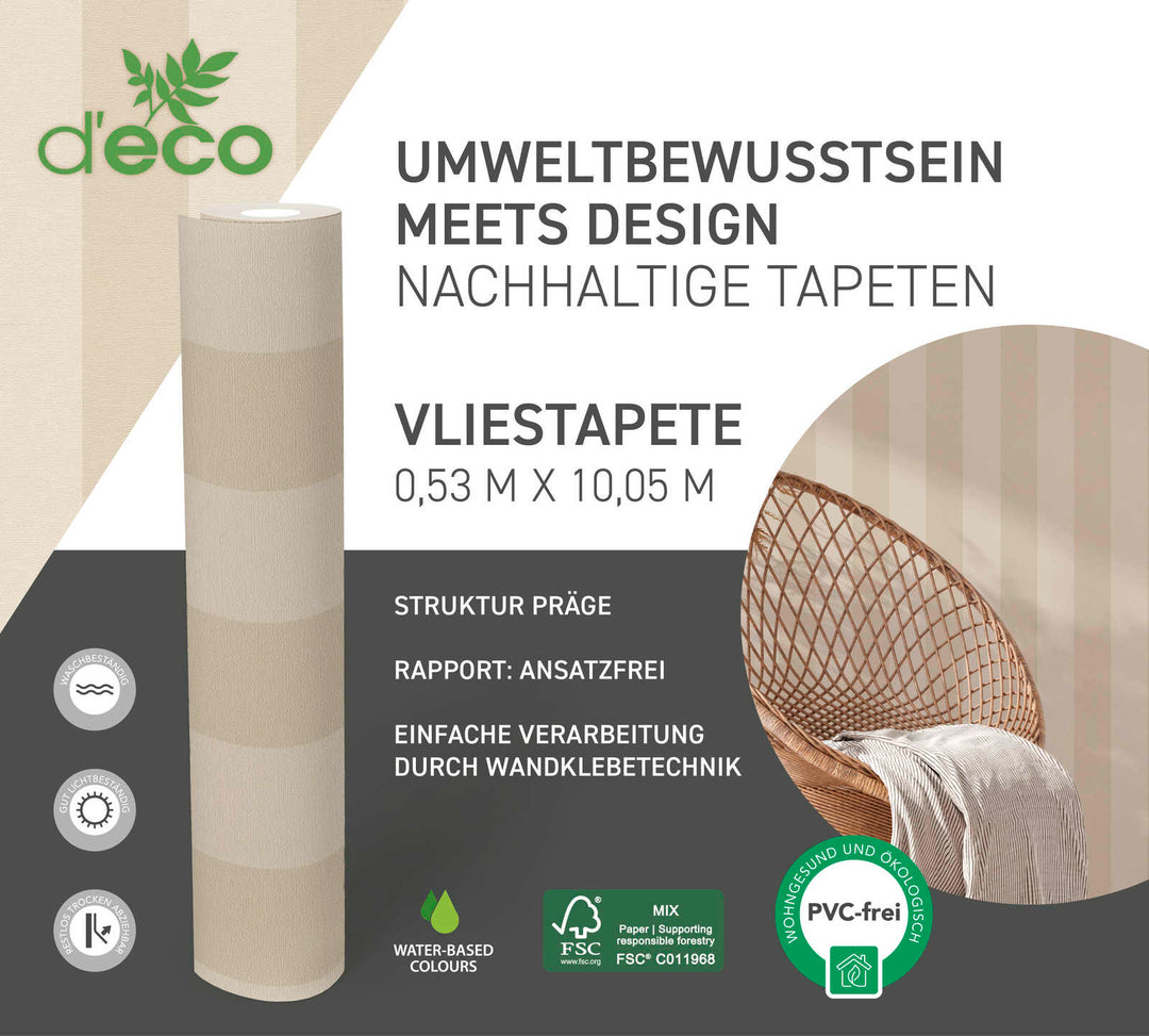 Ekoloģiskas svītrainas tapetes, bez PVC: bēšos toņos - 386652 AS Creation