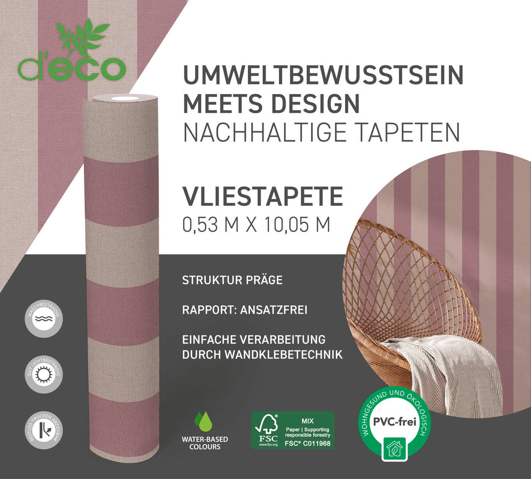 Ekoloģiskas svītrainas tapetes, bez PVC: violetos toņos - 386654 AS Creation