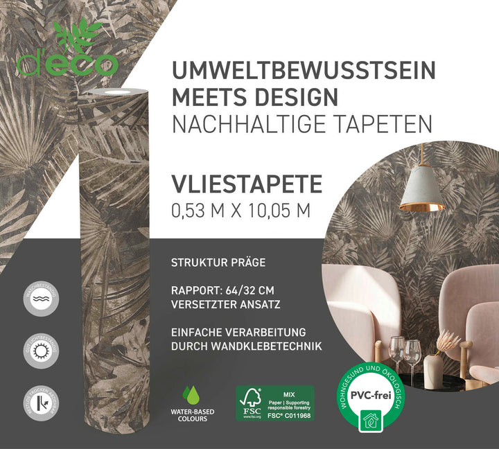 Ekoloģiskas tapetes ar džungļu lapām, bez PVH, brūnā - 386383 AS Creation