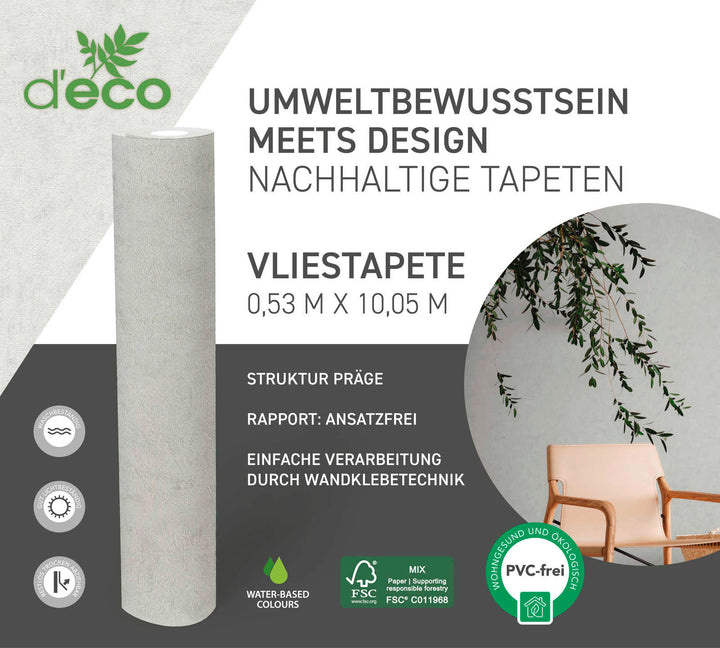 Ekoloģiskas tapetes bez PVC ar teksturētu izskatu: pelēkā, 386394 AS Creation