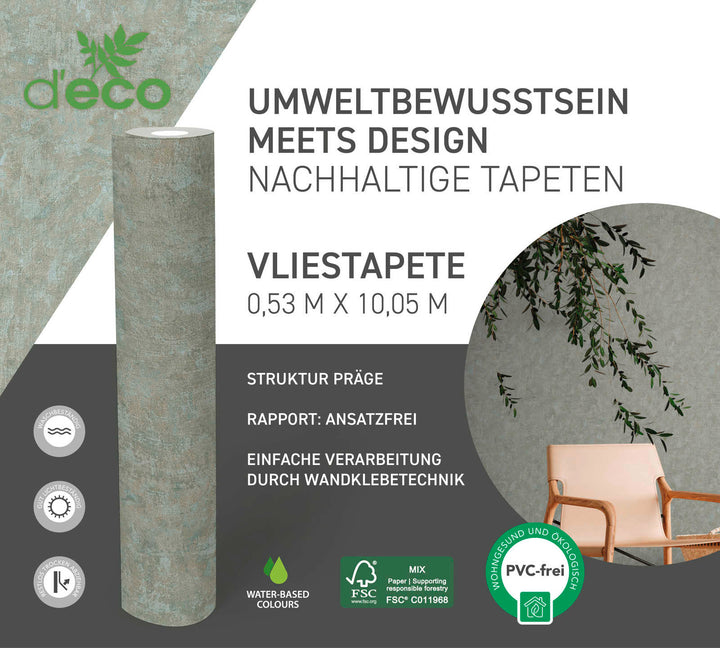 Ekoloģiskas tapetes bez PVC ar teksturētu izskatu zaļā krāsā, 386391 AS Creation