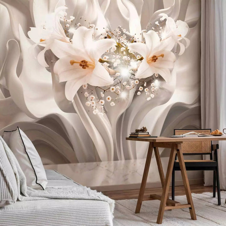 Fototapetes - abstrakcija ar liliju ziediem uz fona ar viļņu efektu G-ART