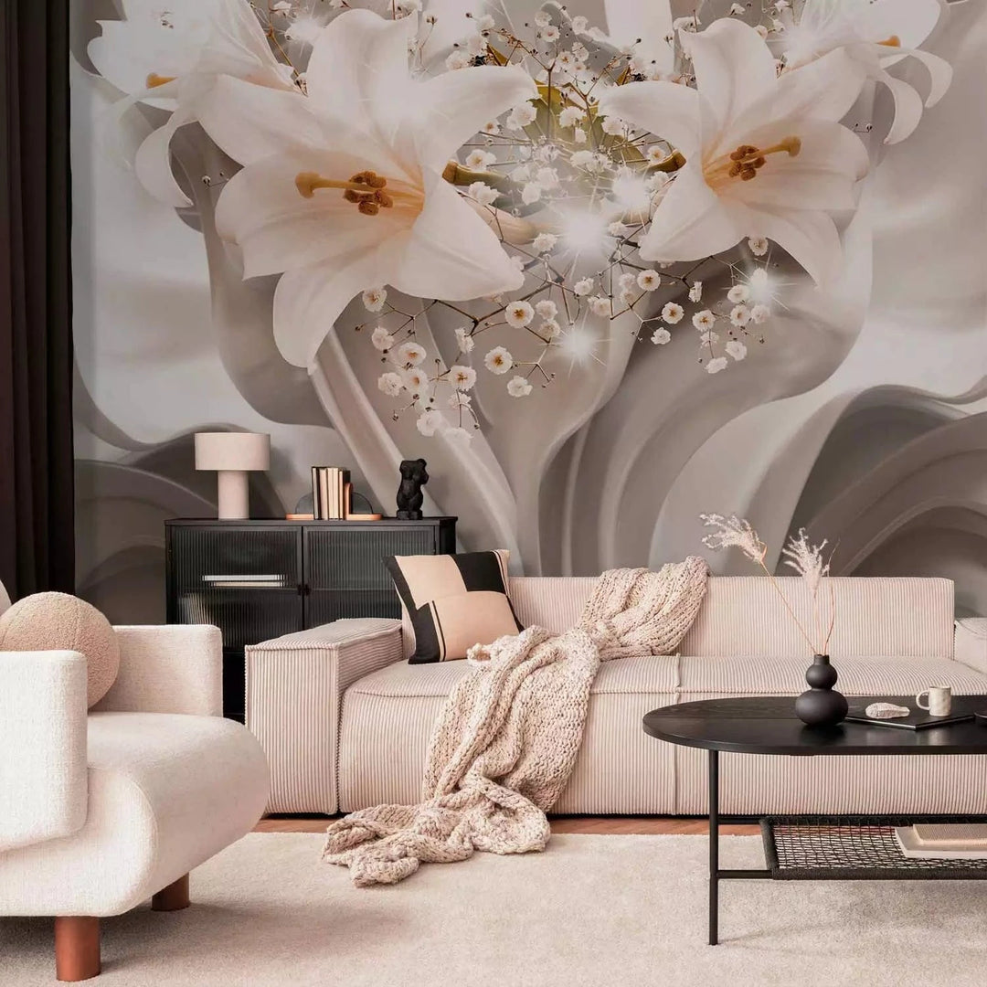 Fototapetes - abstrakcija ar liliju ziediem uz fona ar viļņu efektu G-ART