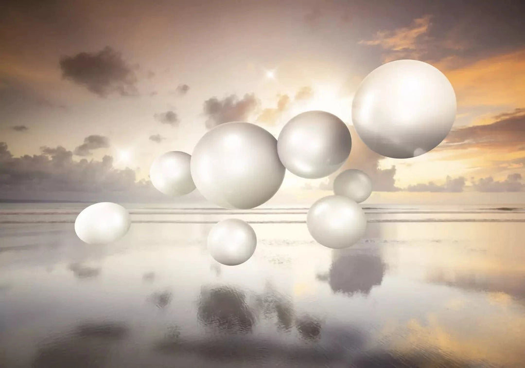 Fototapetes - Abstrakcija ar saullēktu - baltas pērles lido virs jūras G-ART