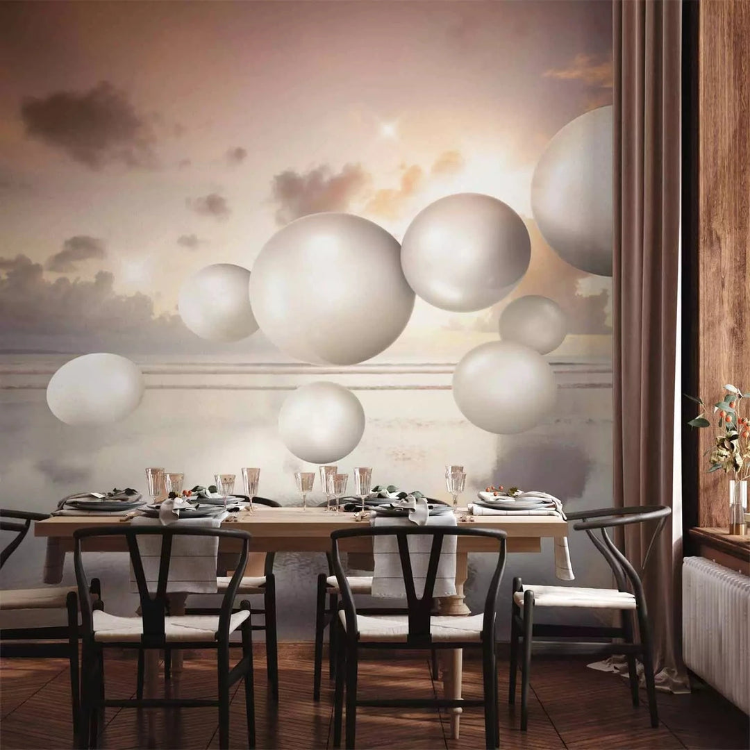 Fototapetes - Abstrakcija ar saullēktu - baltas pērles lido virs jūras G-ART