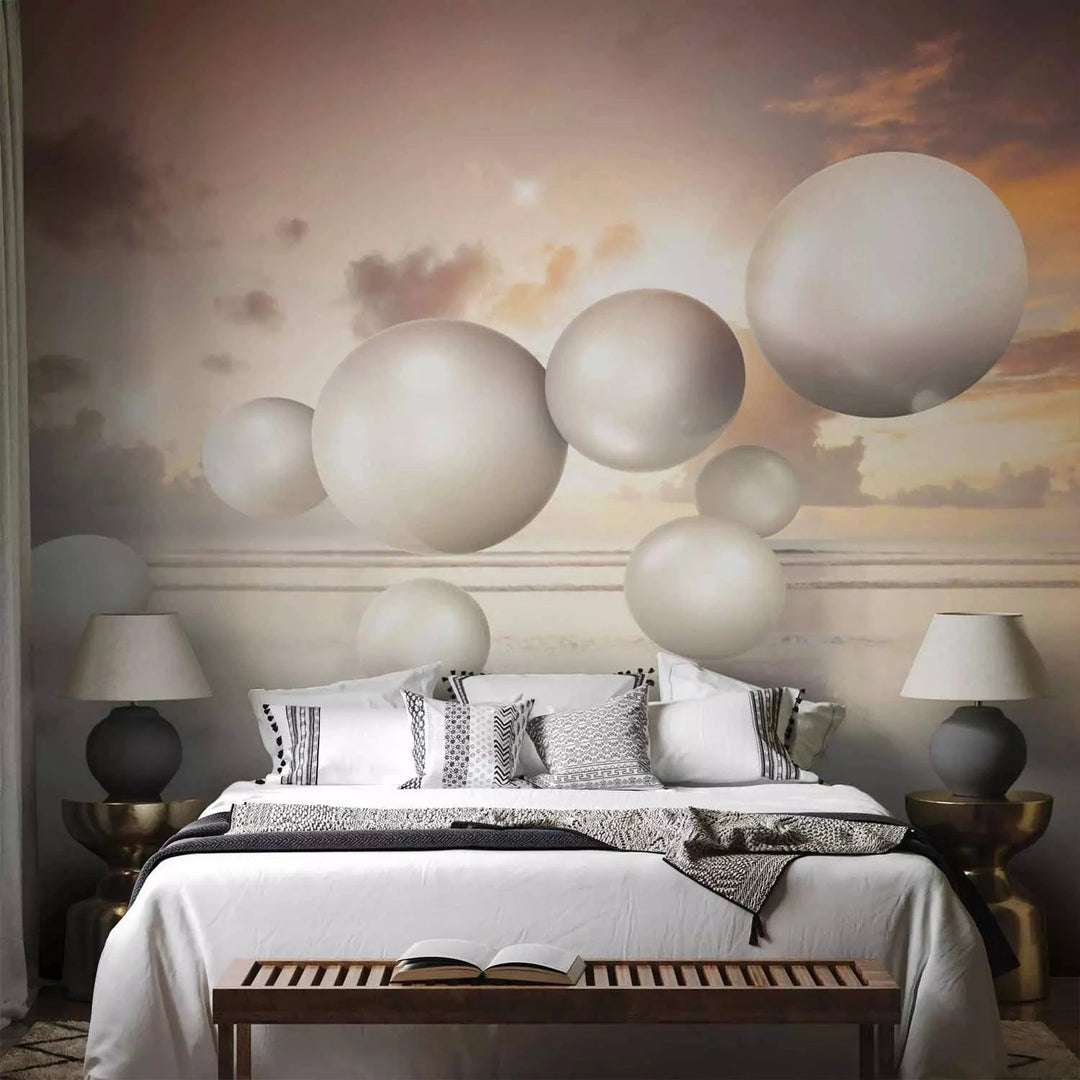 Fototapetes - Abstrakcija ar saullēktu - baltas pērles lido virs jūras G-ART