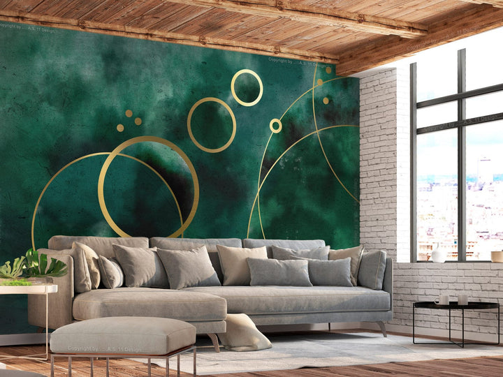 Fototapetes - Abstrakcija ar zelta apļiem uz zaļa fona - 138840 G-ART