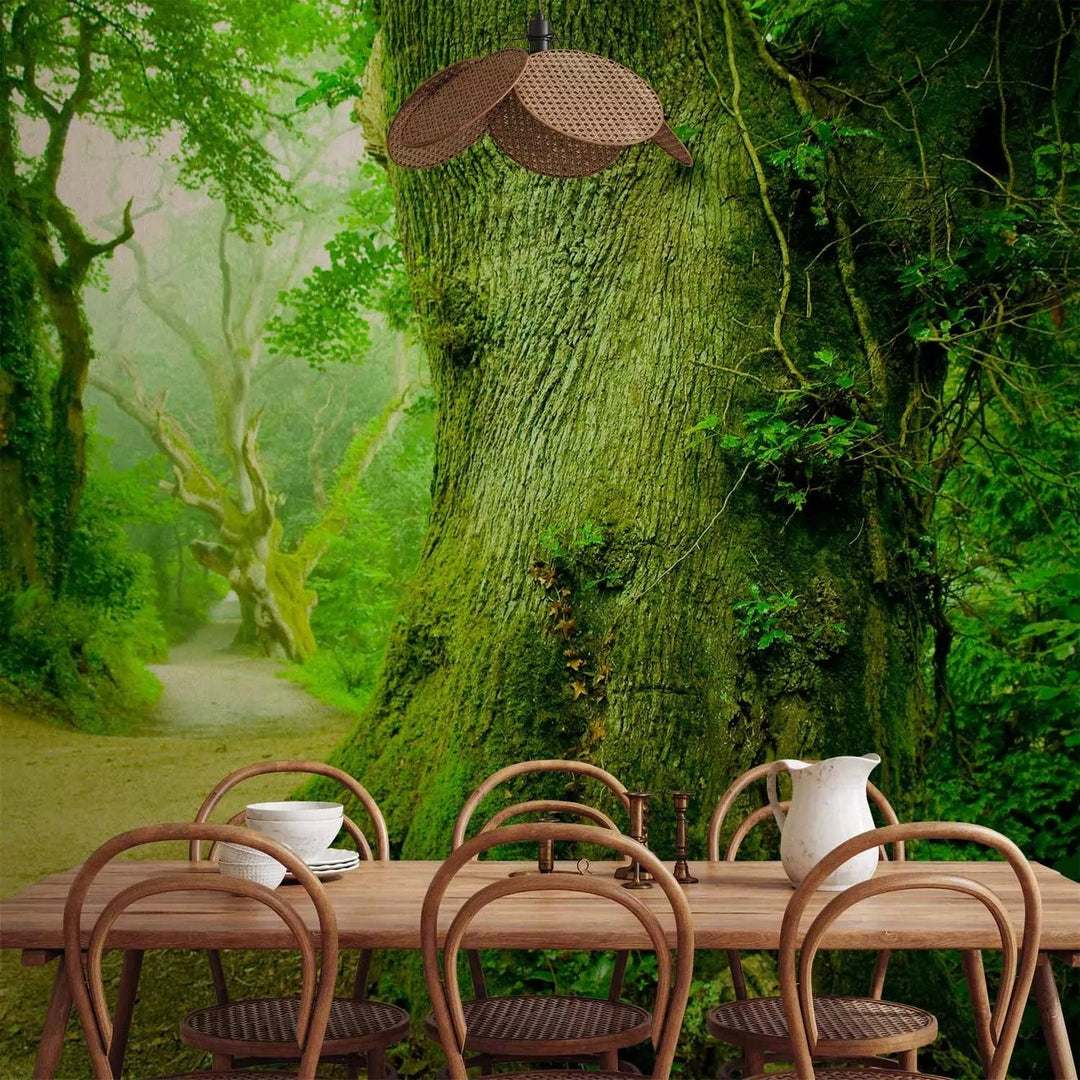 Fototapetes - Ainava ar ceļu, ko ieskauj koki ar zaļām lapām G-ART