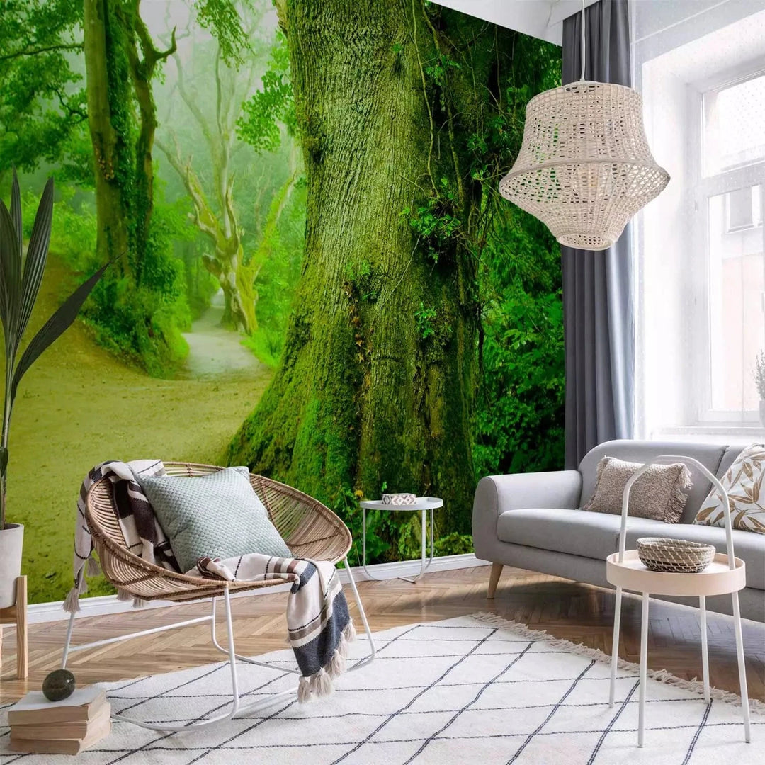 Fototapetes - Ainava ar ceļu, ko ieskauj koki ar zaļām lapām G-ART