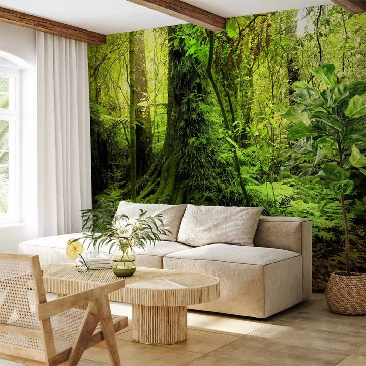 Fototapetes - ainava ar kokiem un tropiskām lapām zaļos toņos G-ART