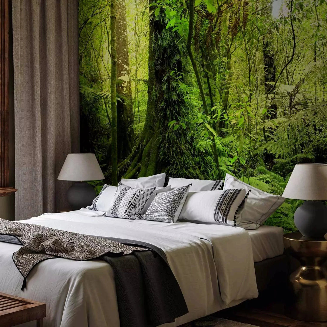 Fototapetes - ainava ar kokiem un tropiskām lapām zaļos toņos G-ART