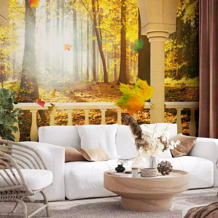 Fototapetes - Ainava no loga ar rudens kokiem un krītošām lapām G-ART
