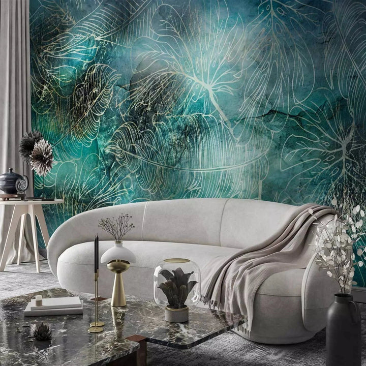 Fototapetes - Akvareļu fons ar eksotiskām zelta lapām - uz pasūtījumu G-ART