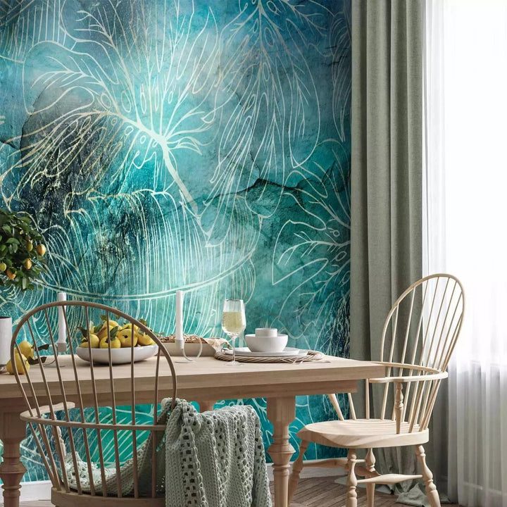 Fototapetes - Akvareļu fons ar eksotiskām zelta lapām - uz pasūtījumu G-ART