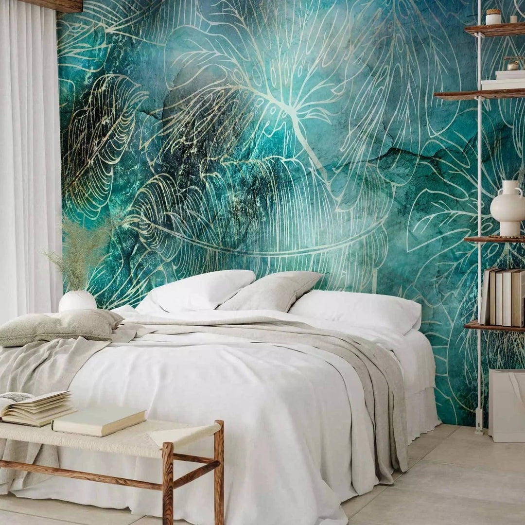 Fototapetes - Akvareļu fons ar eksotiskām zelta lapām - uz pasūtījumu G-ART