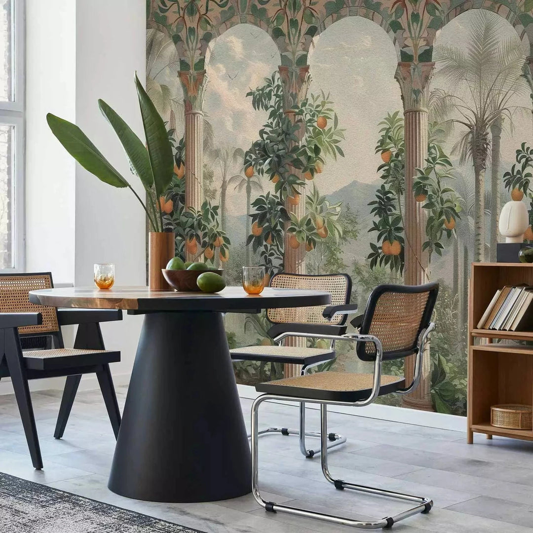 Fototapetes - Eksotiskais dārzs ar kolonnām un skatu uz kalniem Tapetenshop.lv