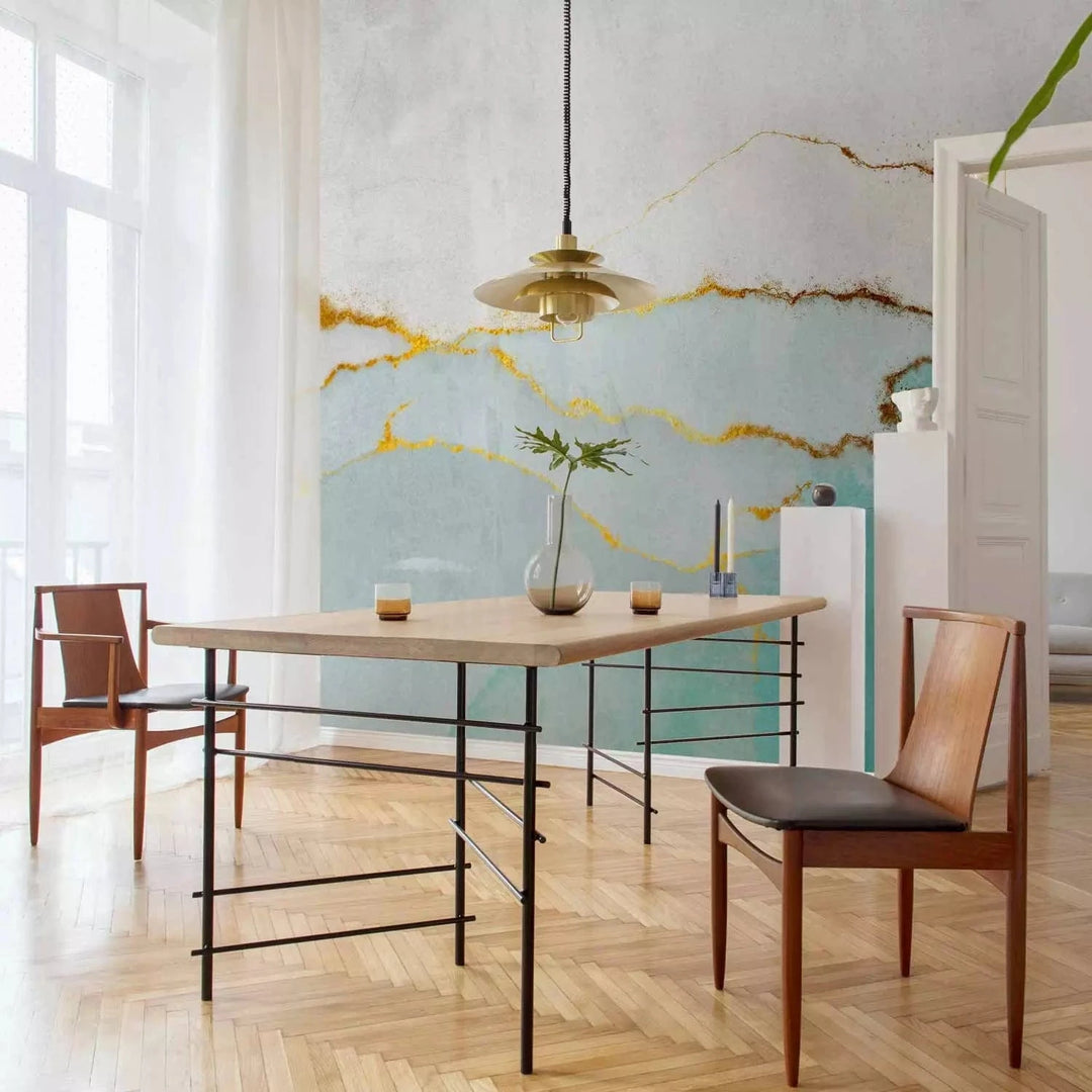 Fototapetes ar abstrakta faktūru tirkīzā krāsā ar zelta elementiem G-ART