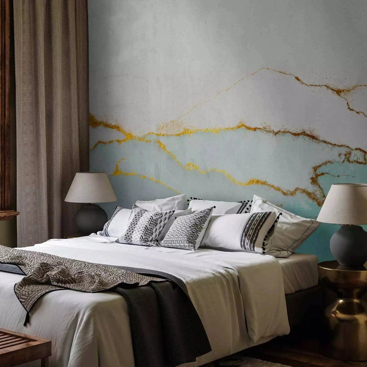 Fototapetes ar abstrakta faktūru tirkīzā krāsā ar zelta elementiem G-ART