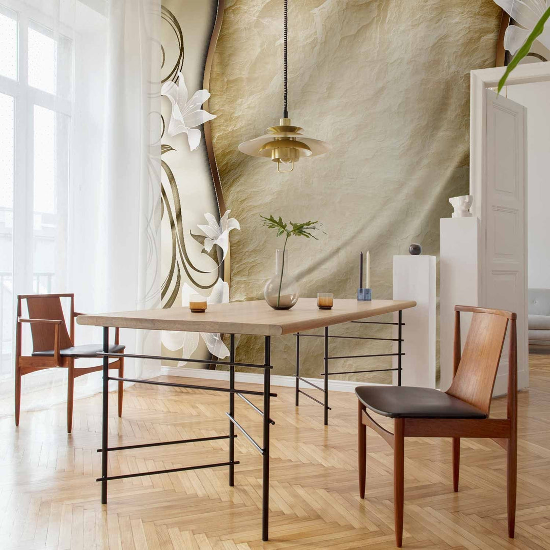 Fototapetes ar baltiem ziediem uz bēša abstrakta fona - Medus - 60130 G-ART