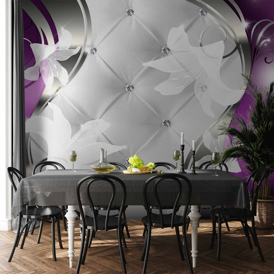 Fototapetes ar baltiem ziediem uz eleganta violeta fona - 60134 G-ART